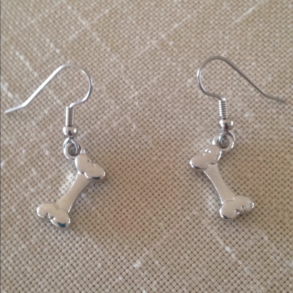HAND CRAFTED Dog Bone Earrings Silver Toned Pierced - Picture 1 of 4